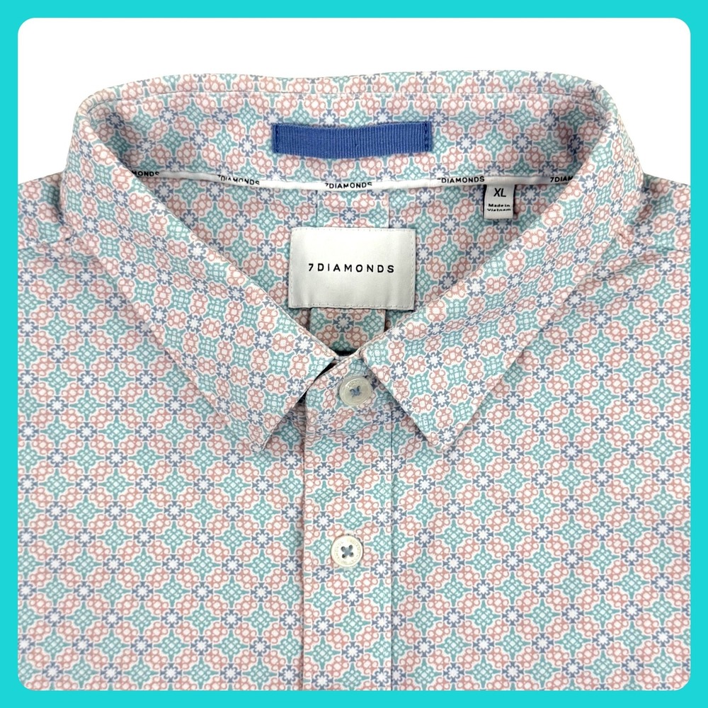 7 Diamonds Short Sleeve Shirt Men XL Blue Pink Pima Cotton Stretch Geometric